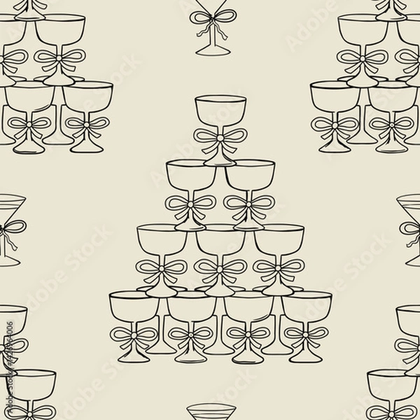 Fototapeta Vintage seamless pattern with champagne towers and bows. Holiday vector hand drawn background with pyramid of cocktail glasses