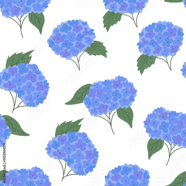 Fototapeta Botanical seamless pattern with blue hydrangea flowers and leaves. Floral blossom vector flat background
