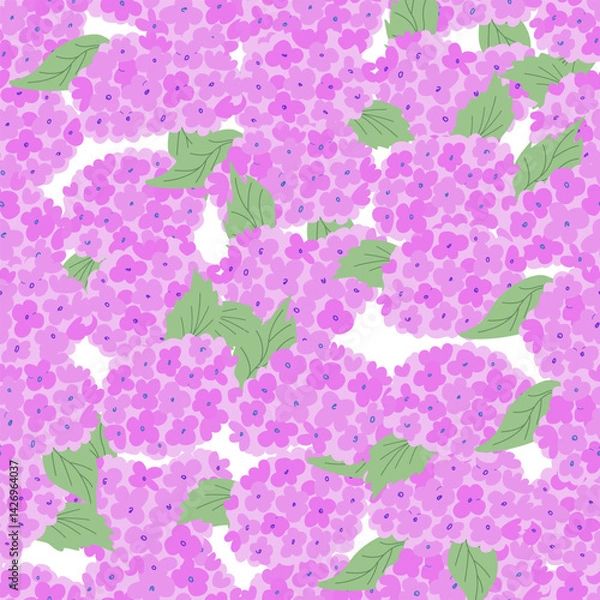 Fototapeta Botanical seamless pattern with pink hydrangea flowers and leaves. Floral blossom vector flat background