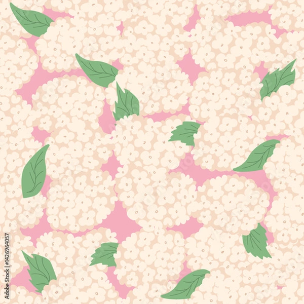 Fototapeta Botanical seamless pattern with white hydrangea flowers and leaves. Floral blossom vector flat background