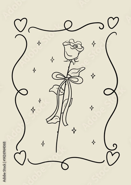 Fototapeta Elegant vintage rose with bow and hand drawn whimsical frame with hearts. Vector illustration for valentines day, wedding or birthday designs