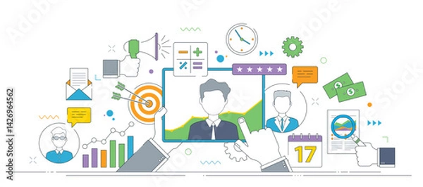 Fototapeta Customer satisfaction, positive feedback, customer support, and strategic business planning for growth.
