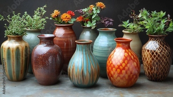 Fototapeta Raku pottery vases arranged a still life composition in an outdoor garden The natural light highlights the unique glaze patterns with lush greenery creating a harmonious setting