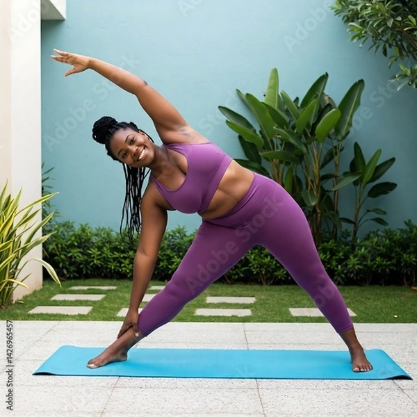Fototapeta Revolved Triangle Pose Outdoors: Parivrtta Trikonasana for Spinal Strength and Balance in a Garden Setting
