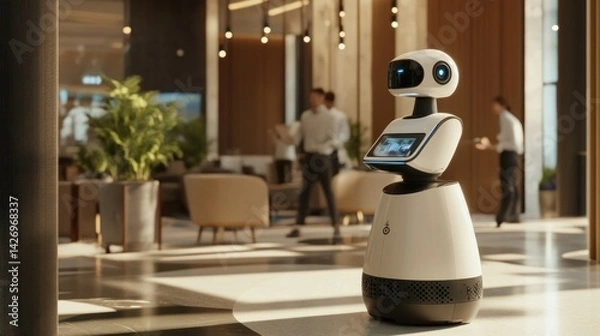 Obraz Modern hotel lobby showcases advanced robot assistant technology integration