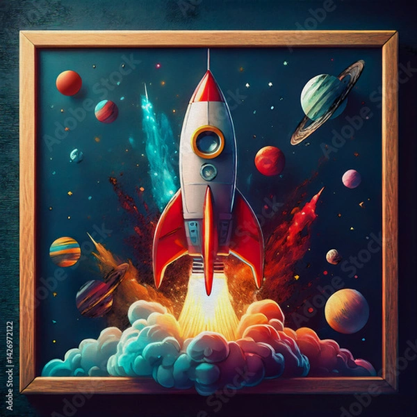 Obraz Rocket launch space chalkboard OIL PAINTING STYLE ILLUSTRATION