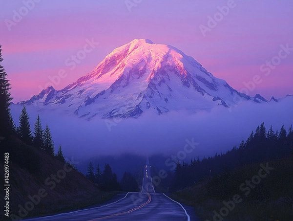 Obraz breathtaking view of a snow-covered mountain at sunset, with the sky painted in hues of pink and purple. The mountain peak is illuminated by the soft light of the setting sun
