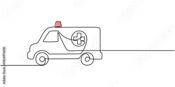 Obraz Ambulance vehicle in continuous line art drawing style. Emergency ambulance van with Red Cross symbol black linear, Ambulance car continuous one line drawing. Ambulance van single line art.