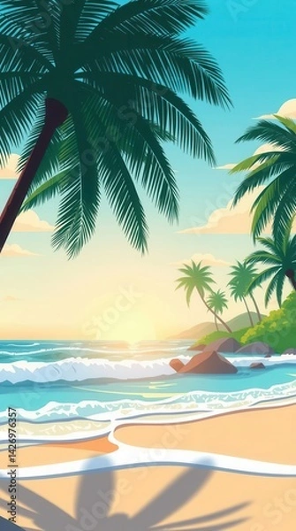Fototapeta Tropical Beach Scene: Palm trees sway, ocean waves crash on the shore at sunset, creating serene paradise.