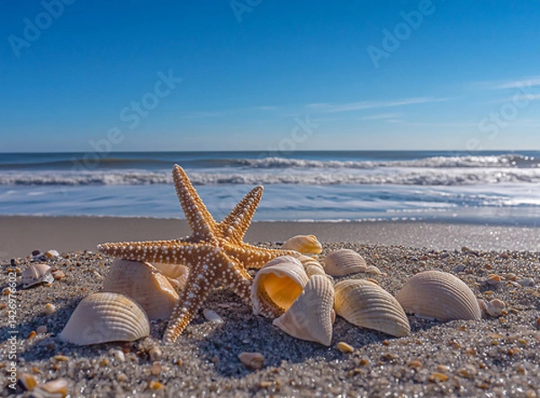 Obraz Starfish and Seashells Stacked on Sandy Beach Shoreline Under Clear Blue Summer Sky
