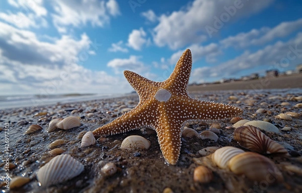 Obraz Starfish on Sandy Beach with Shells, Ocean View, Sky, Seaside Scene, Summer
