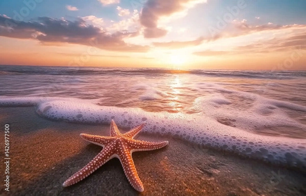 Obraz Starfish on Sandy Shoreline at Sunset. Ocean Wave Foam, Coastal Serenity View