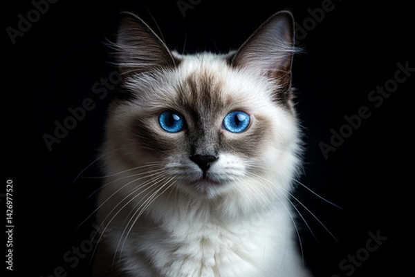 Fototapeta a cat with blue eyes sitting on a black surface