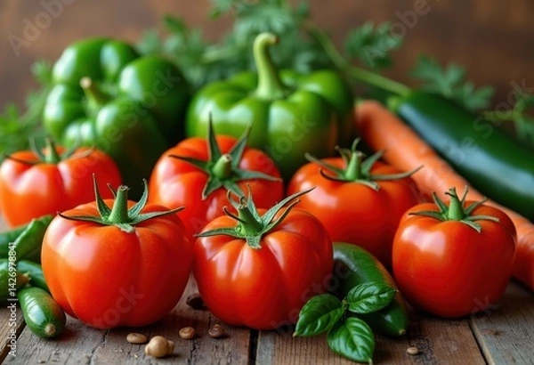 Fototapeta vibrant fresh vegetables rustic wooden texture organic farm produce healthy eating, colorful, harvest, parsnip, carrot, tomato, cucumber, pepper, parsley