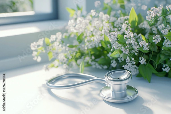 Obraz Stethoscope and Blossoms Still Life, Medical Device On White Table with Spring Flowers
