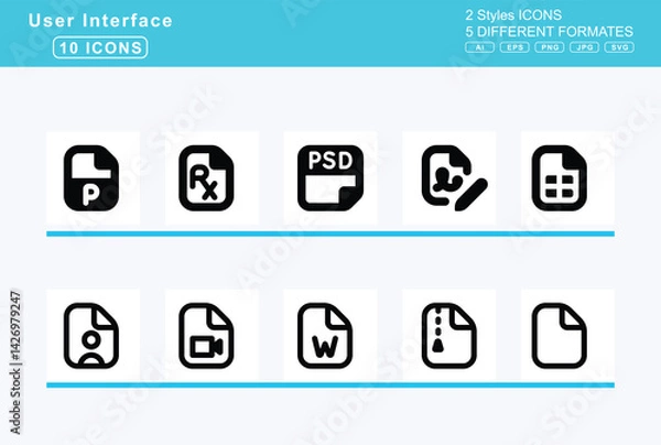 Fototapeta Set of 5 rounded user interface icons,file, invoice, dollar, medical, minus, pdf