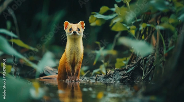 Obraz Stoat Standing in Water Portrait of a Wild Mustelid in Natural Habitat with Reflections