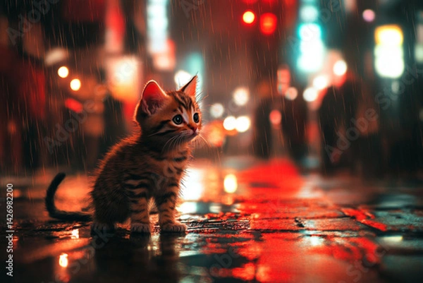 Obraz Stripped Kitten Standing in the Rain with Glowing City Lights and Reflections