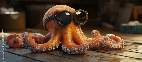 Obraz Stylish Orange Octopus with Sunglasses on Wooden Table, CloseUp, Detailed Texture