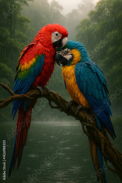 Fototapeta A stunning, hyper-realistic close-up portrait of an exotic bird captured in vivid detail. This digital artwork showcases the bird’s intricate feather texture, vibrant coloration, and intense eye focus