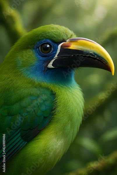 Fototapeta A stunning, hyper-realistic close-up portrait of an exotic bird captured in vivid detail. This digital artwork showcases the bird’s intricate feather texture, vibrant coloration, and intense eye focus