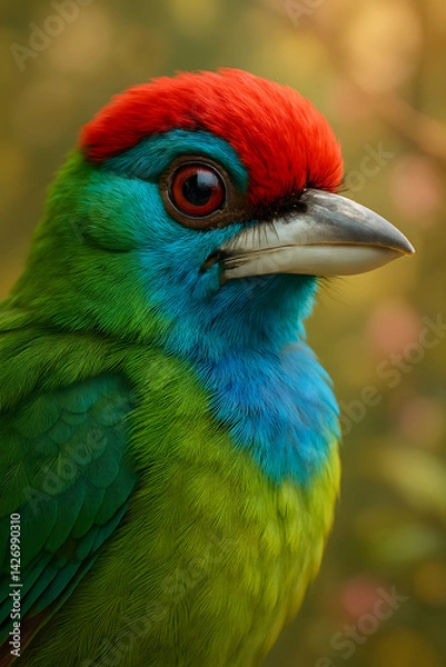 Fototapeta A stunning, hyper-realistic close-up portrait of an exotic bird captured in vivid detail. This digital artwork showcases the bird’s intricate feather texture, vibrant coloration, and intense eye focus