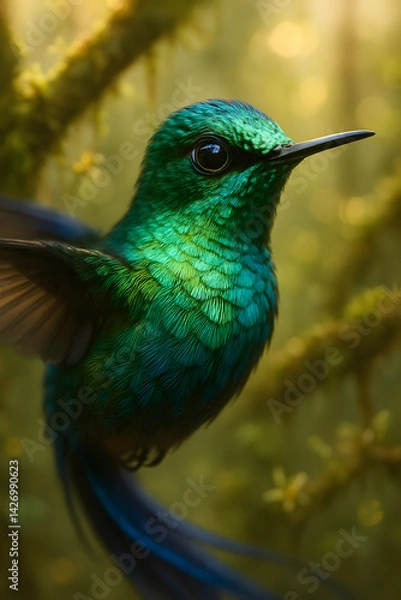 Fototapeta A stunning, hyper-realistic close-up portrait of an exotic bird captured in vivid detail. This digital artwork showcases the bird’s intricate feather texture, vibrant coloration, and intense eye focus