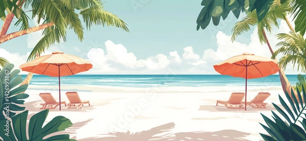 Obraz Tropical Beach Paradise, Palm Trees, Ocean View, Sandy Shore, Lounge Chairs, Umbrellas