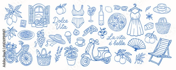Obraz Italian vacation set. Dolce vita.. The image is of a beach scene with a lot of different things like a scooter, a chair, a vase, a bowl, a bottle, a hat