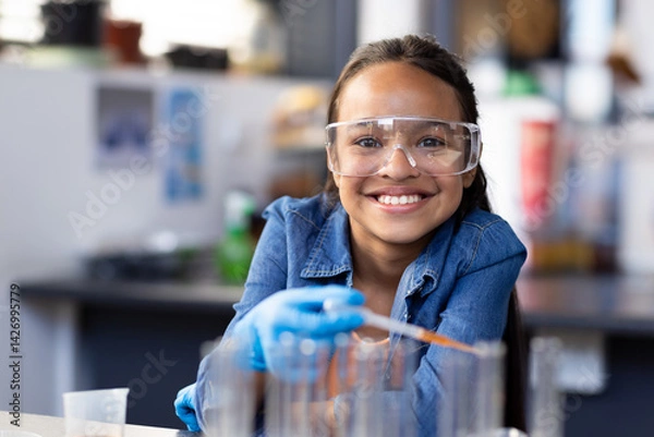 Obraz Child mixing liquids with pipette test tubes safety goggles blue gloves in science lab