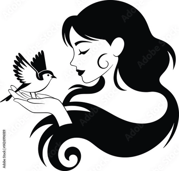 Obraz Woman silhouette, beautiful woman, graceful floral face tshirt design vector in white background.