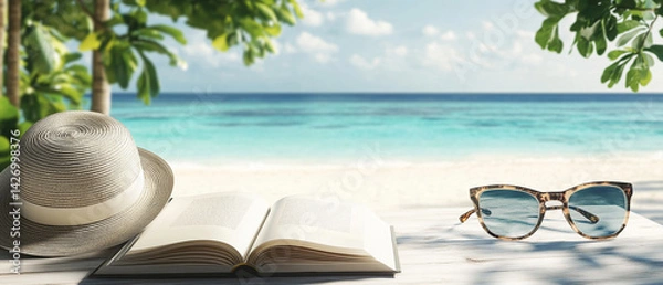 Obraz Tropical Beach with Straw Hat, Open Book, and Sunglasses on White Wooden Table Top