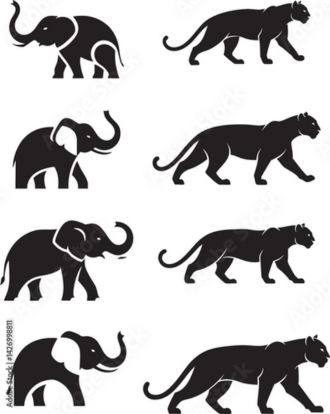 Fototapeta "Elephant and Leopard Silhouettes for Bold Designs on White Background Isolated AI Generative"

