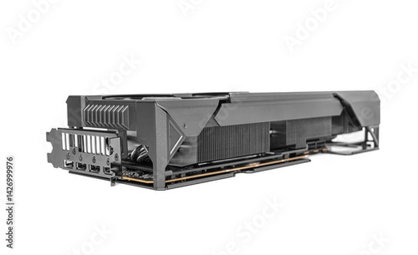 Obraz A high-performance graphics card with a triple-fan cooling system designed for gaming and advanced computing tasks, isolated on white.
