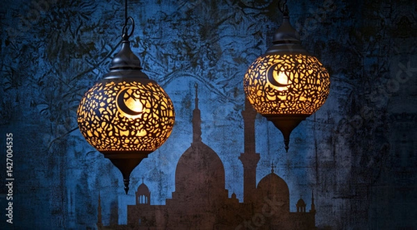 Obraz Two Decorative Lanterns with Cutout Crescent Moon Design against a Textured Mosque Backdrop