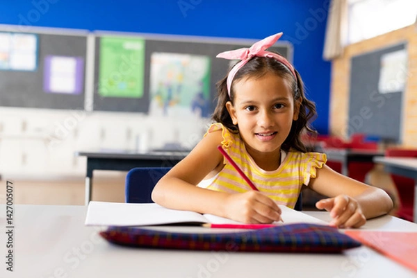 Fototapeta Child girl student writing in elementary classroom with blue wall, open notebook and red pencil