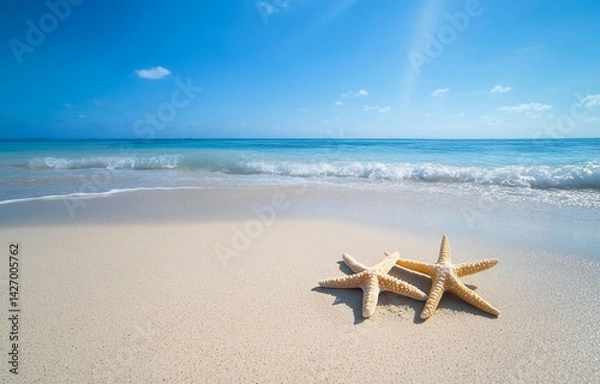 Obraz Two Starfish on White Sand Beach with Azure Ocean & Sky Coastal Summer Theme