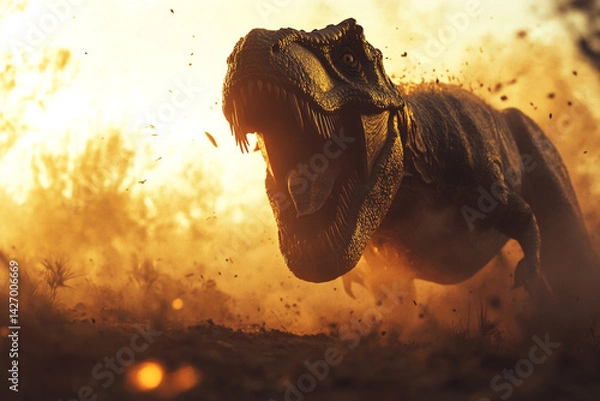 Obraz Tyrannosaurus Rex Roaring Loudly, Running in Dry Land, Intense Gaze, Warm Sunlit