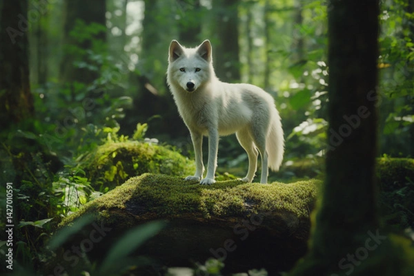 Obraz White Wolf Standing Tall on Mossy Log, Forest Backdrop, Natural Light, Serene Wildlife