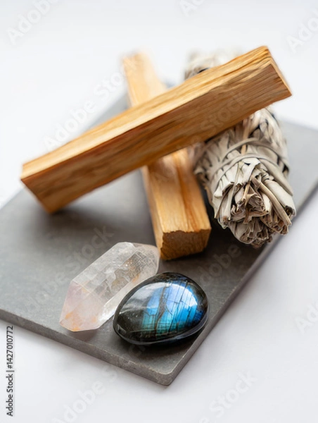 Obraz A carefully arranged selection of natural healing tools features sage bundles, a clear quartz crystal, a labradorite stone, and two wooden pieces, all on a slate surface.