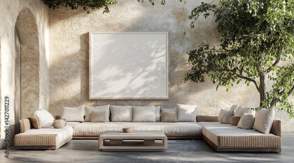 Obraz Wicker Sofa with Cushions, Wooden Table, and Square Against a Textured Wall 84