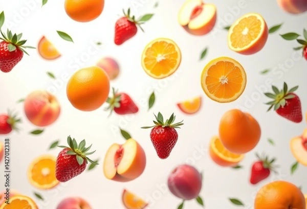 Fototapeta vibrant floating fruit composition colorful arrangement clean white backdrop still life art visuals, background, texture, variety, peel, vibrance, citrus