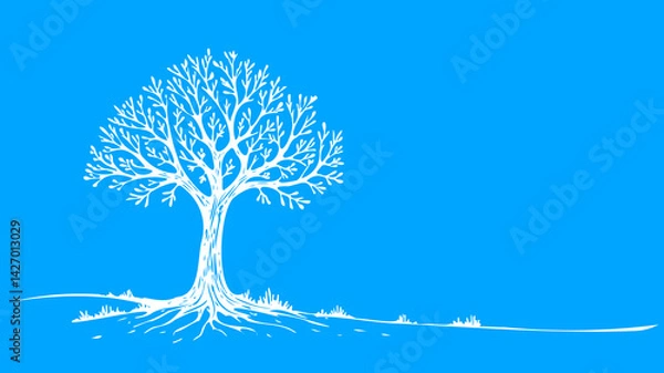 Fototapeta Alone tree silhouette design. Roots branches reach sky. Nature icon logo symbol. Minimalist sketch white background vector illustration