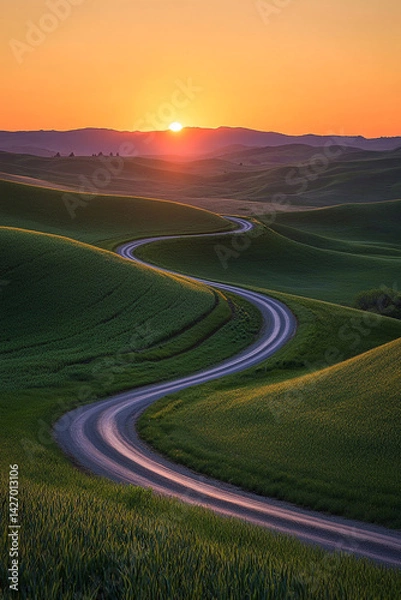 Obraz Winding Rural Road Through Rolling Green Hills at Sunset with Vibrant Sky Scenery