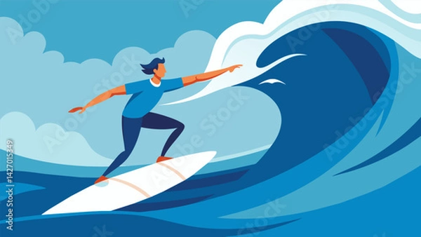 Fototapeta Arms outstretched and eyes focused ahead the surfer races towards the crest of a looming wall of water.. Vector illustration