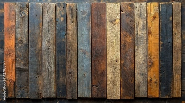 Obraz Reclaimed wood planks in varying shades of brown, gray, and blue
