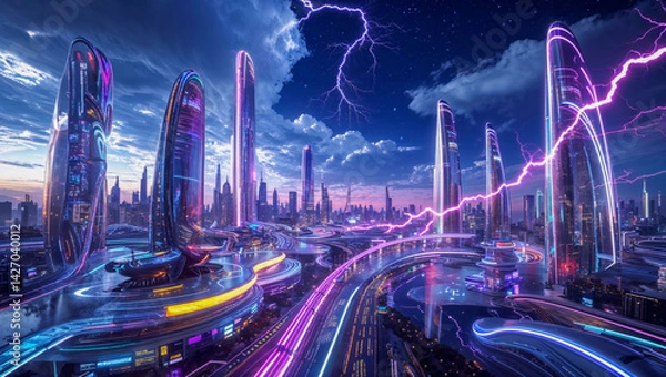 Fototapeta  AI-generated images of Surreal and Futuristic cityscapes, with vibrant neon lights 