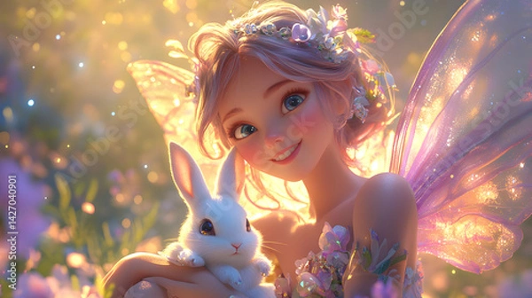 Fototapeta A fairy with a rabbit in her arms