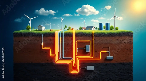 Fototapeta Geothermal energy system illustration showing cross section of Earth with pipes, wind turbines, and buildings above ground. This captures innovative use of renewable energy sources