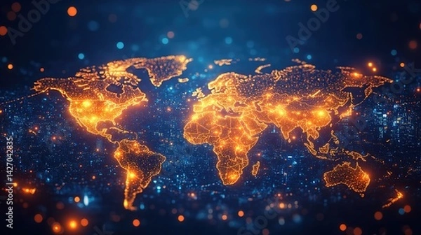 Obraz Global network map.  Illuminated world map with glowing connections, depicting a global network of interconnected points.  Modern abstract representation of worldwide communications